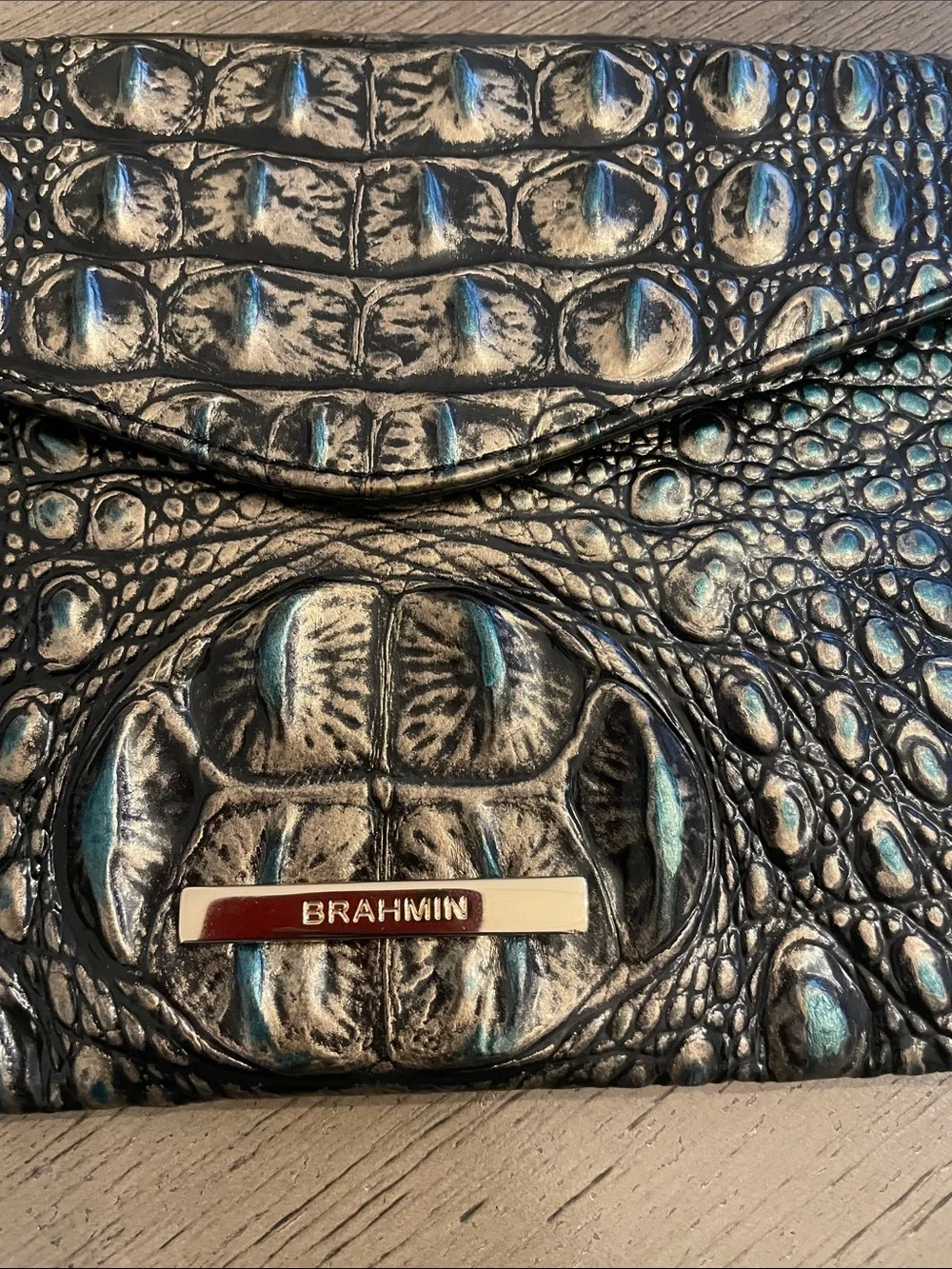 Brahmin Metallic Teal and Black Croc-Embossed Envelope Clutch